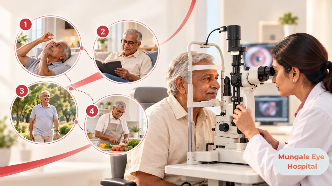 Illustration: older adult sits across from an ophthalmologist, with a slit-lamp examination microscope in the foreground.