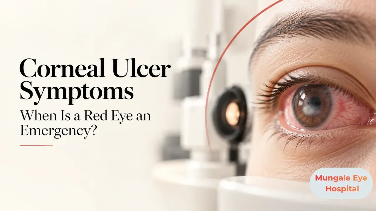 Illustration: worried Indian man holding a tissue near one red, watery eye in an eye hospital waiting area in Vadodara, with a nurse approaching.