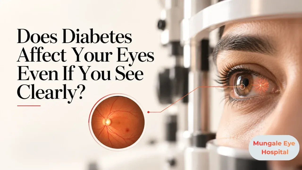 Illustration: Indian patient with diabetes looking into a retinal imaging machine while a technician adjusts it.