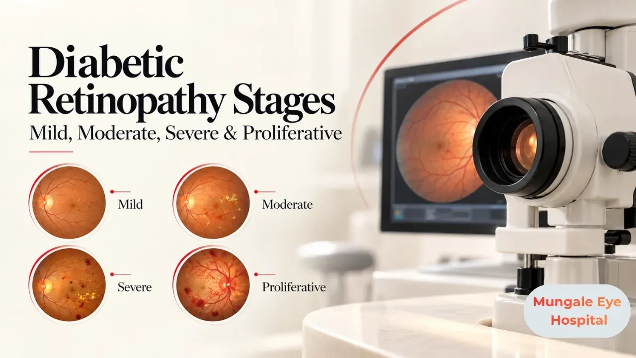 Illustration: ophthalmologist pointing to a retina scan on a large monitor while explaining to a middle-aged Indian man with diabetes in a modern Vadodara eye.