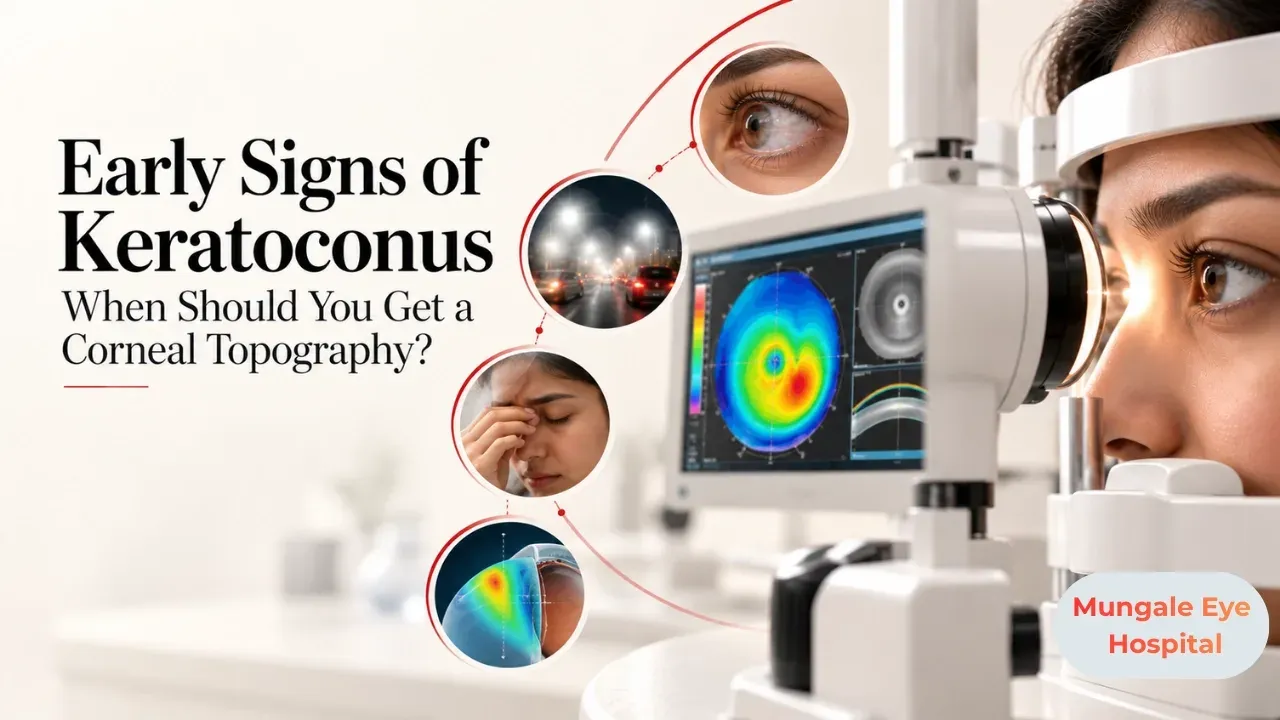 Illustration: young adult resting their chin on a corneal topography machine while an optometrist operates it.