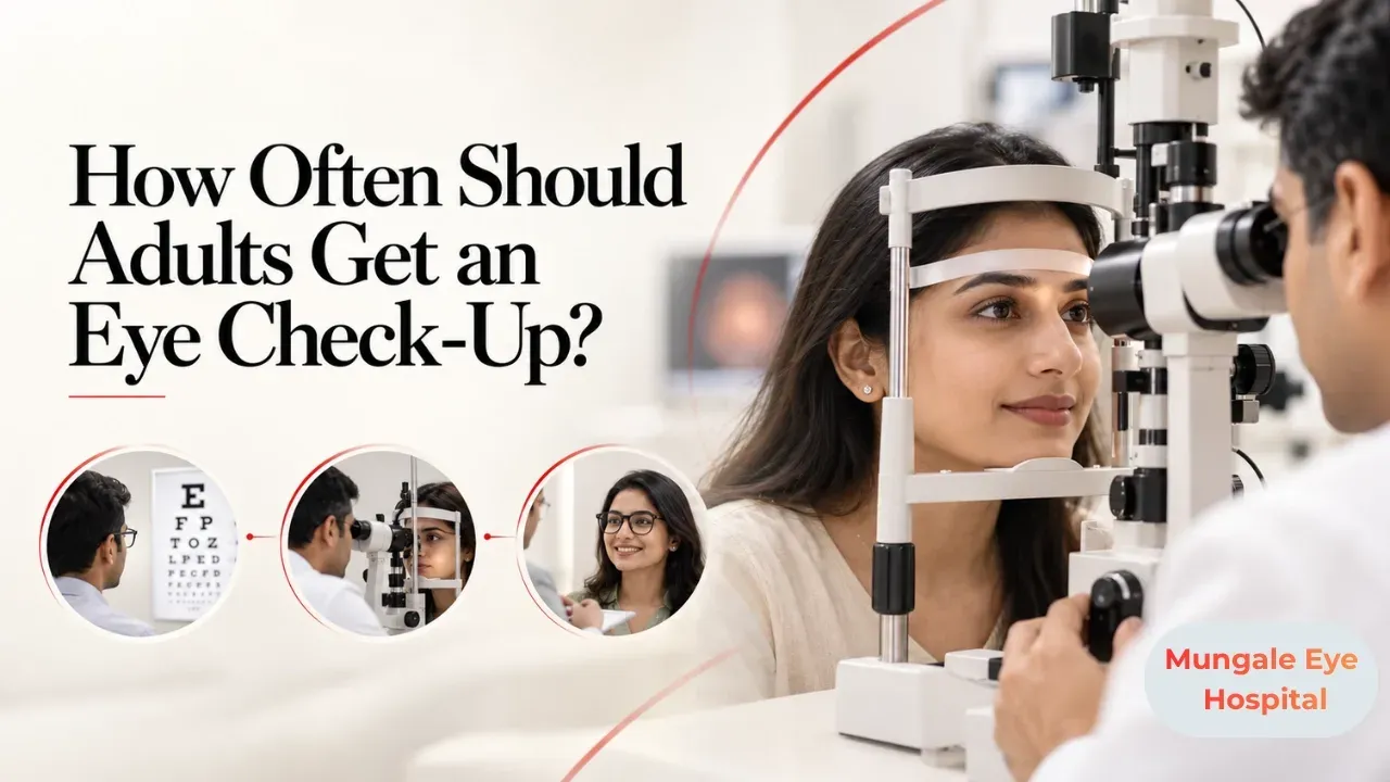 Illustration: Indian adult reading an eye chart in a bright optical clinic while an eye doctor looks.