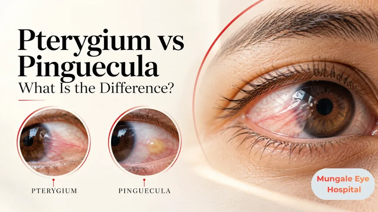 Illustration: healthy adult eye with a gentle focus on the white of the eye near the inner corner, in soft clinical lighting at a Vadodara eye clinic.