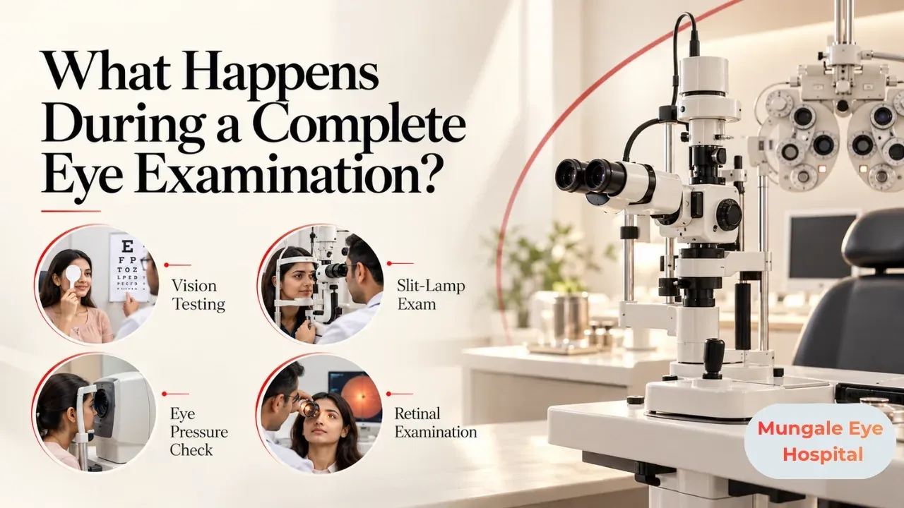 Illustration: eye doctor using a slit lamp to examine a patient in a modern eye clinic.