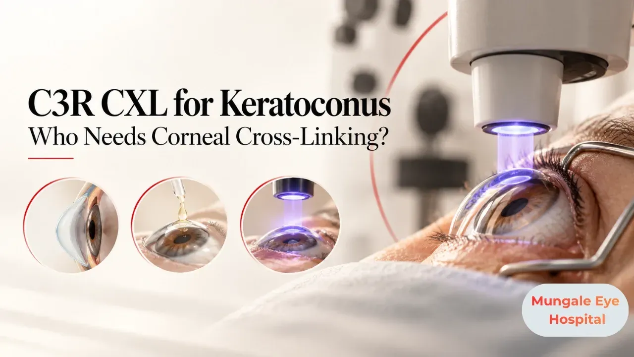Illustration: ophthalmologist performing corneal cross-linking with a UV light device over a patient's eye.
