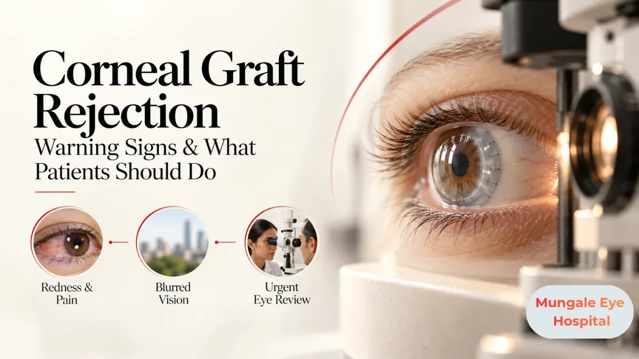 Illustration: ophthalmologist examining a red eye with a slit lamp.