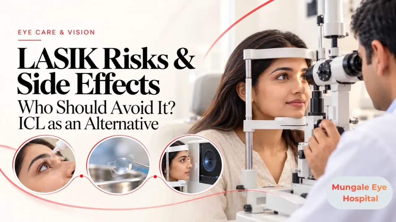 Illustration: ophthalmologist holding a small model of the eye while explaining options to a thoughtful young Indian woman wearing thick glasses in a bright.