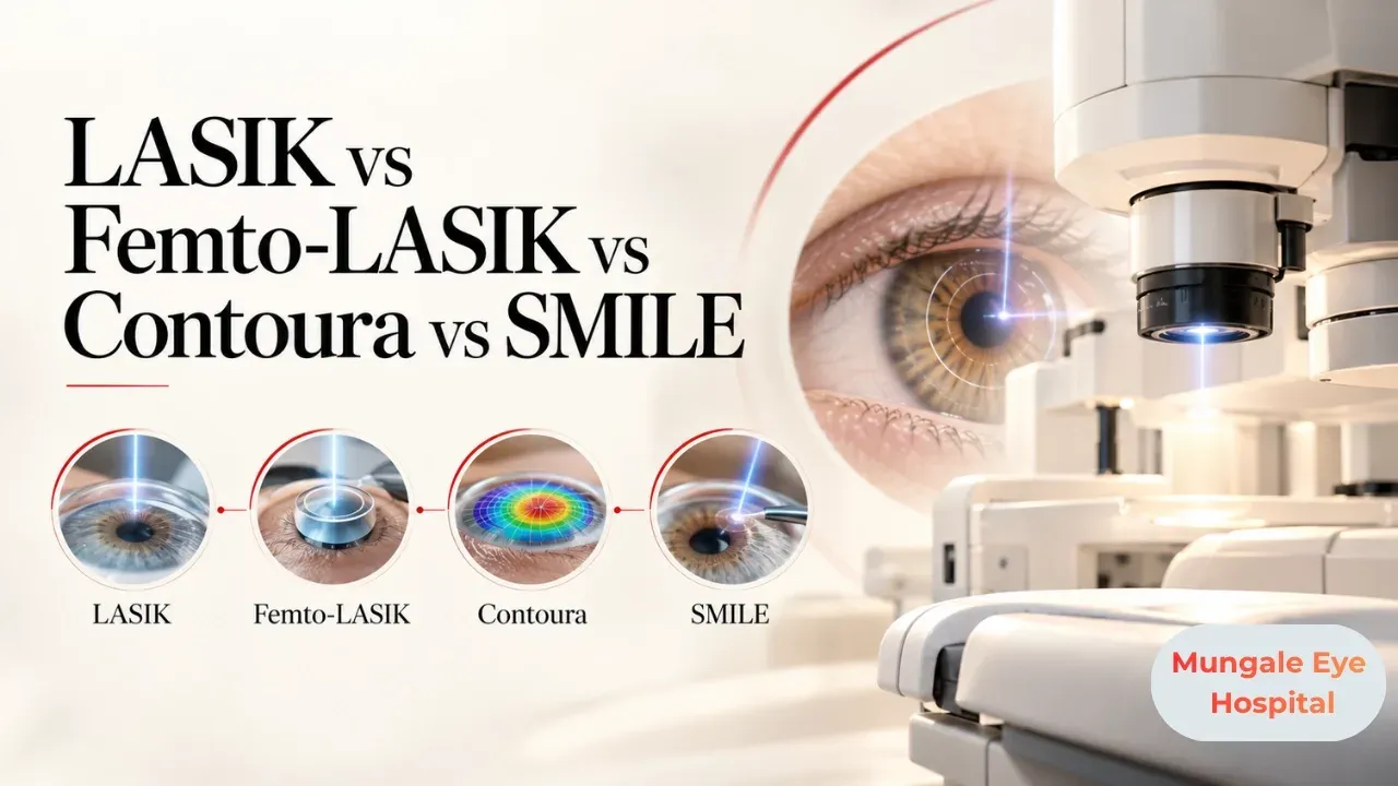 Illustration: modern laser vision correction suite in a Vadodara eye hospital, with a refractive laser machine, a surgeon in scrubs and a calm young Indian.