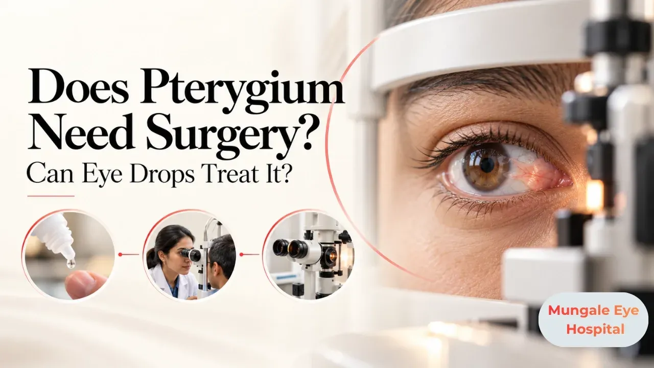 Illustration: ophthalmologist in Vadodara holding a small eye drop bottle while explaining options to a middle-aged Indian patient in a bright consultation room.