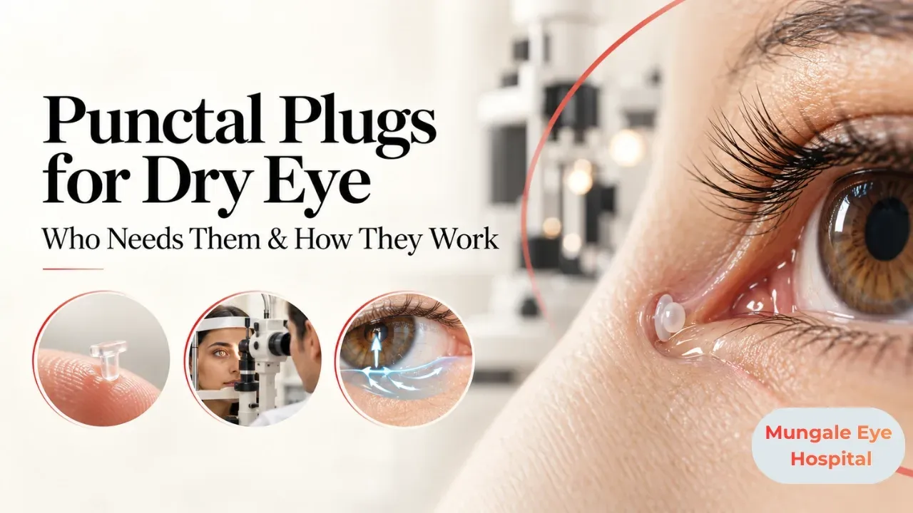 Illustration: ophthalmologist in a Vadodara eye clinic gently examining the lower eyelid of a relaxed senior Indian patient seated at a slit lamp.