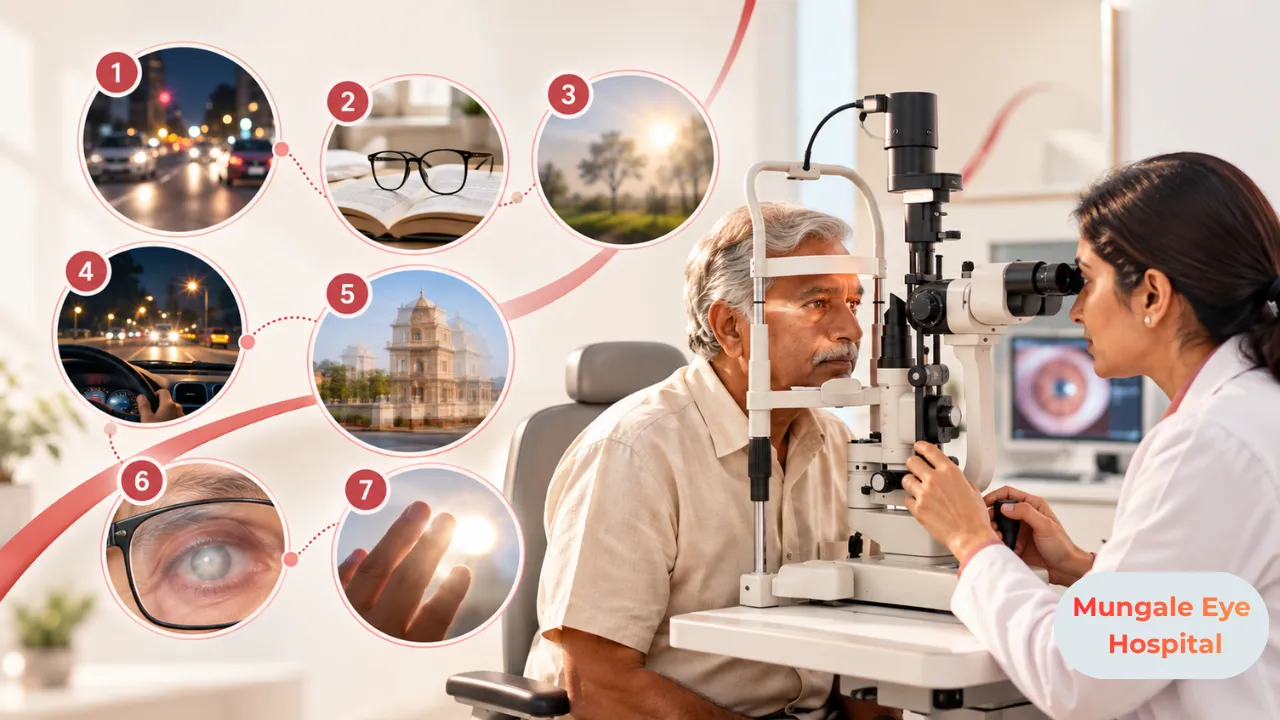 Illustration: an older man having his eyes examined at a slit-lamp unit by a doctor in a white coat, with seven numbered insets showing everyday vision problems.